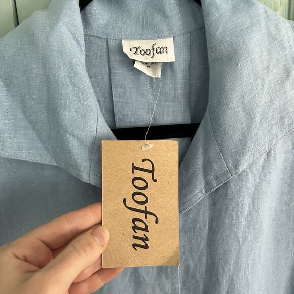 Toofan Womens Linen Light Blue Button Up Blouse Medium Relaxed Lagenlook - Picture 3 of 13